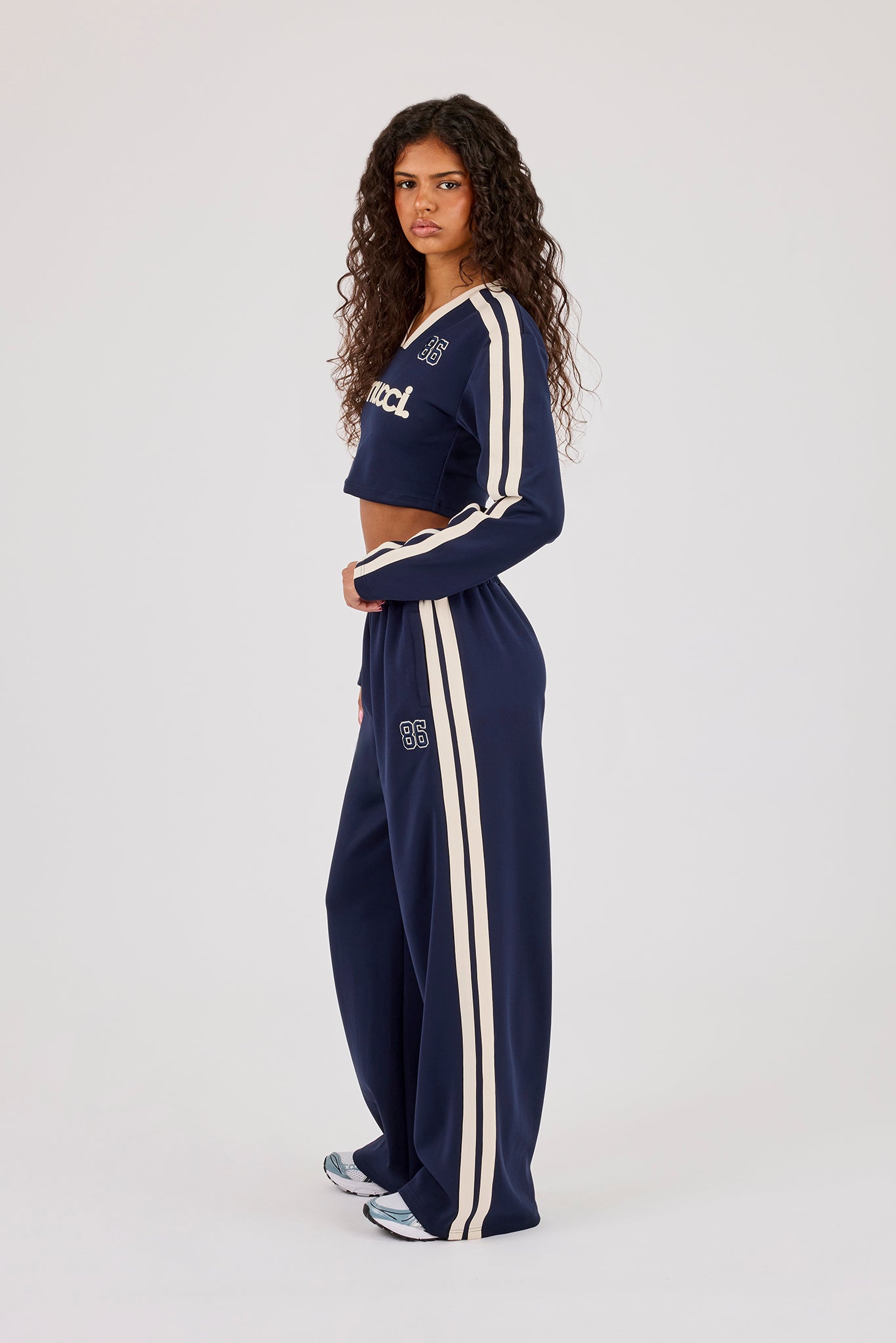 Fitted Taping Football Top & Embroidered Wide Leg Taping Pant - Navy Blue